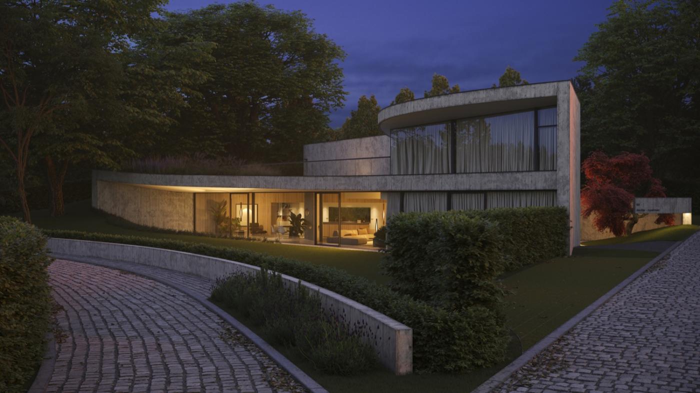 moderne villa in de avond